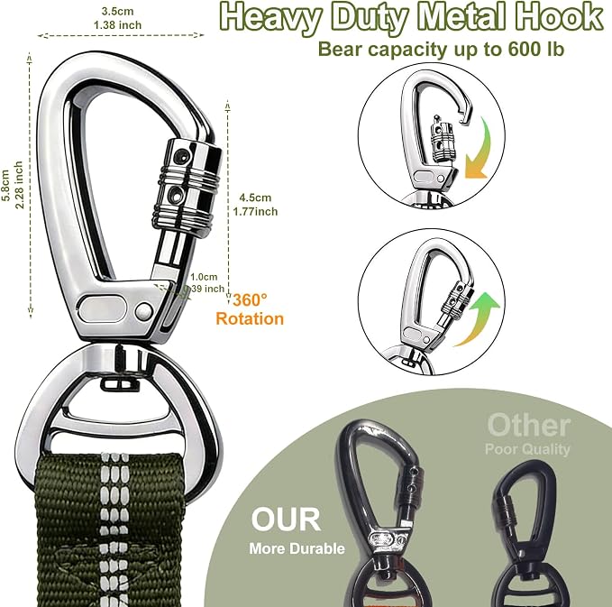 Dog Leash Heavy Duty, 4-6FT Bungee Leash Reflective Car Seat Belt for Dogs | Strong Shock Absorbing Tactical with 2 Padded Handles, Dog Tug Lead for L XL Dogs Walking Running Training | Olive Drab - Image 2
