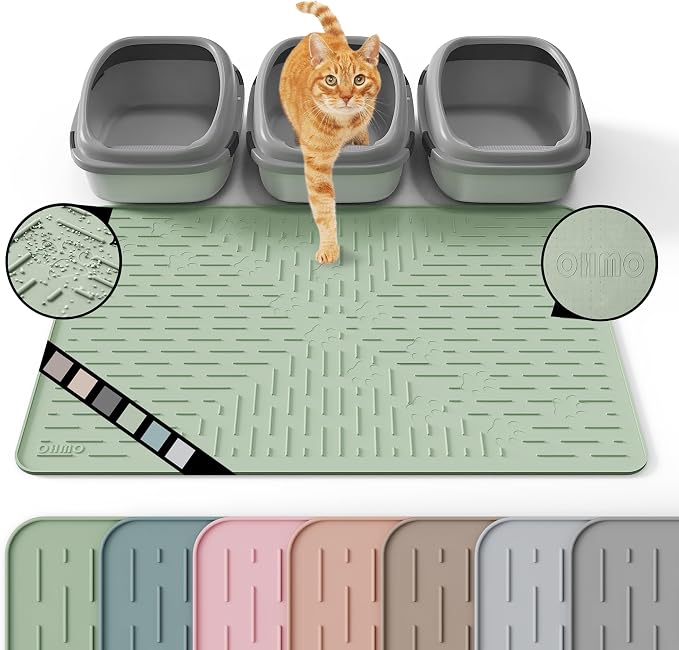 XL Cat Litter Mat, 37.5x25.2 Silicone Trapping Mat Sage Green | for Kitty Litter Box, Easy Clean, BPA Free Rubber, Center Litter Collection, Easy Pour-Back, Waterproof, Odor-Resistant by OHMO