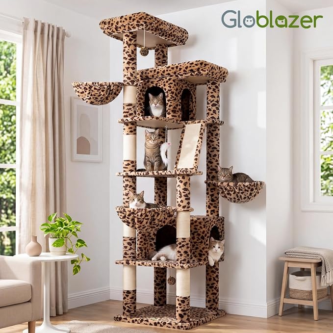 Globlazer 80in Extra Large Leopard Cat Tree Tower S80G, Leopard Print | Multi-Level Cat Condo For Multiple Indoor Cats Large Adult Kittens, Scratching Posts, Widened Perches, Adjustable Baskets - Image 7