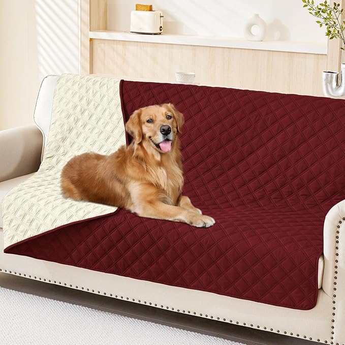 Smiry Waterproof Reversible Pet Couch Covers for Dogs | Pet Friendly, Soft Fabric, Washable Sofa Furniture Protector for Dogs Cat Kids, Checkered (52"x82", Wine Red/Beige) by Smiry