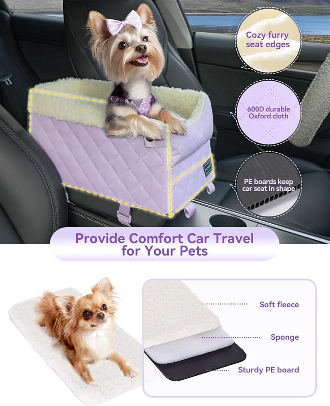 PETSFIT Cat Car Seat with Dual Adjustable Seat-Rail Anchor Hooks | Anti-Collapse Leather Dog Console Car Seat with Safety Tether, Washable Cushion, Soft Pillow for Pets Under 8 lbs, Purple - Image 7