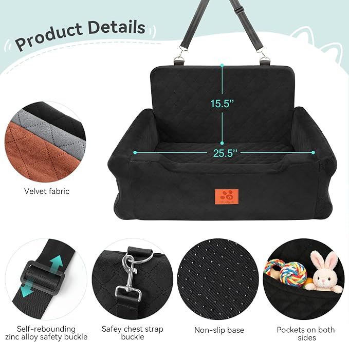 XIEEAOZEE Dog Car Seat for Large/Medium Dogs Up to 55 Lbs, Soft Fabric Car Dog Bed Filling Memory Foam, Removable and Washable Pet Booster Carseat with 2 Safety Leashes, Thick Cushion (Black) - Image 4