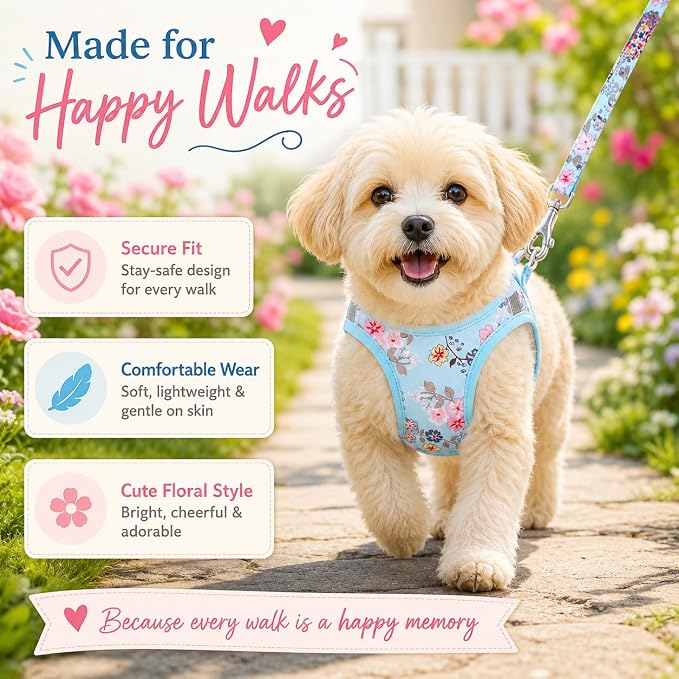 Step in Dog Harness Leash Set- All Weather Reflective No-Pull Floral Pattern Padded Mesh Vest Harness for Cats Puppy Extra-Small Small Medium Large Dogs - Bell Orchid - XS - Image 5