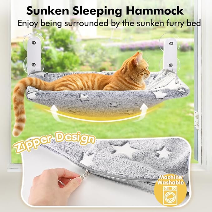 Zoratoo Glow in the Dark Cat Window Perch, Foldable Cordless Pet Hammock, L | Glowing Stars Fabric, Sturdy Metal Frame, Removable for Machine Wash, Comfortable Sunken Design Resting Seat for Indoor Cats - Image 2