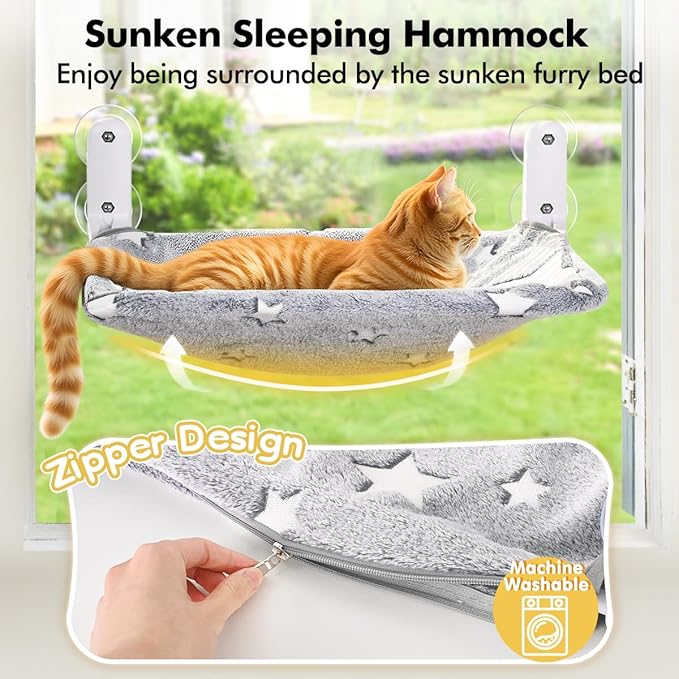 Zoratoo 2PC Glowing Star Cat Window Perch, Foldable Cordless Pet Hammock, M | Glow in the Dark Fabric, Sturdy Metal Frame, Removable for Machine Wash,Comfortable Sunken Design Resting Seat for Indoor Cat - Image 2