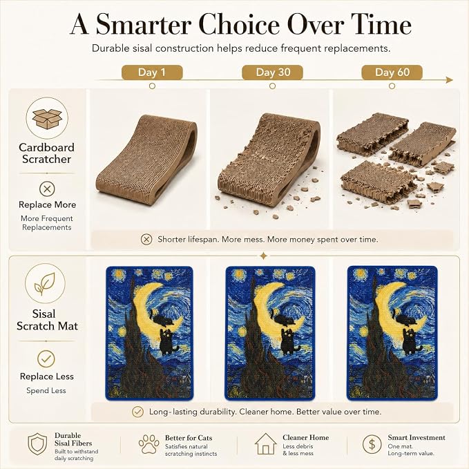 Art Sisal Cat Scratcher Mat, Cat Wall Scratchers for Indoor Cats | Wall Mounted Cat Scratcher, Natural Sisal, No-Drill Hook & Loop Setup, Floor or Wall Use, 23.6 x 15.7 Inch, Starry Night 2 - Image 4