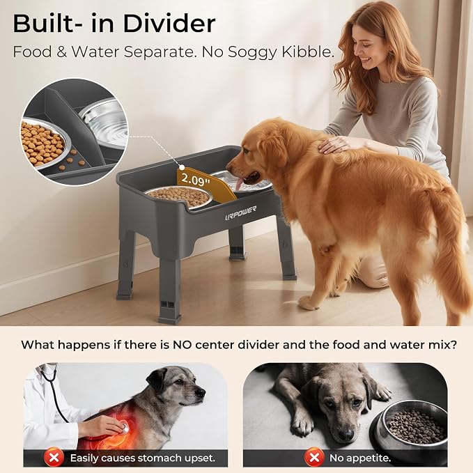 URPOWER Mess Proof Elevated Dog Bowls, Splash Guard Raised Bowl Stand | 4 Adjustable Heights, 2 Stainless Steel Bowls, Food & Water Separation, Foldable Design Non-Slip for Small Medium Large Dogs - Image 4