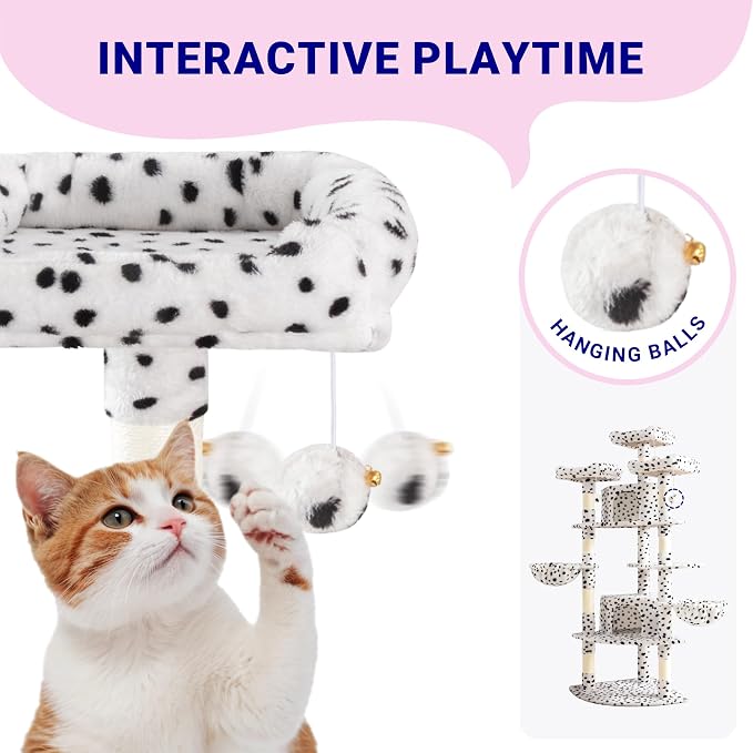 Allewie 73in Fan-Shaped Space-Saving Corner Cat Tower/Multi-Level Tall Cat Tree for Indoor Kitties/Cozy Baskets/Condos/House/Perches/Sisal Scratching Posts/Pet Activity Center/White & Black Spot - Image 5