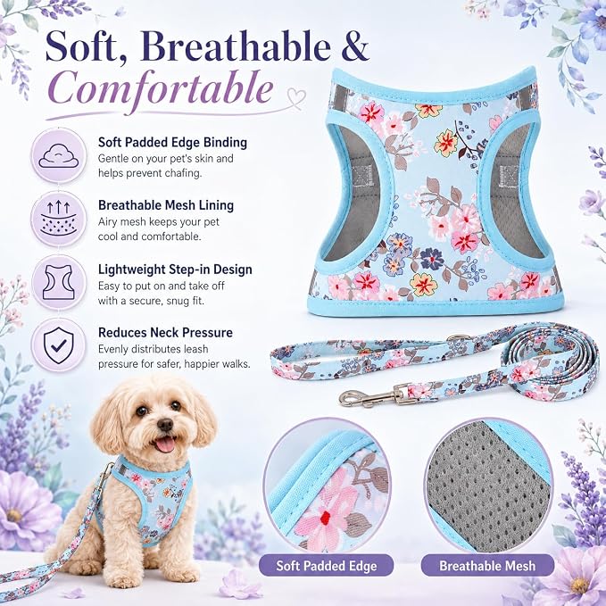 Step in Dog Harness Leash Set- All Weather Reflective No-Pull Floral Pattern Padded Mesh Vest Harness for Cats Puppy Extra-Small Small Medium Large Dogs - Bell Orchid - XS - Image 4