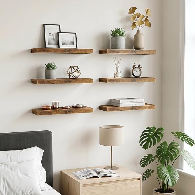 Fixwal Floating Wall Shelves for Decor (Rustic Brown, Set of 6, 15.7 Inch) | MDF Shelves with Metal Brackets, Space Saving for Books, Decor, Works in Bathroom, Kitchen, Living Room, Bedroom - Image 5