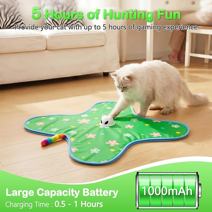 Interactive Cat Toys for Indoor Cats, Rechargeable Hide & Seek Toy | Touch Activated, 3 Speed Modes, 10-Min Auto off, Bird Chirps(can turn off), Hidden Feather Wand for Bored Adult Cats, Green - Image 5