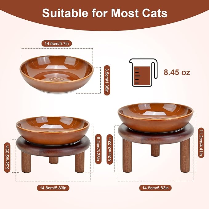 SPUNKYJUNKY Extra Wide Elevated Ceramic Cat Bowl with Acacia Wood Stand Whisker Friendly (Cat Paw Pattern, 2 Pack, Brown) - Image 2
