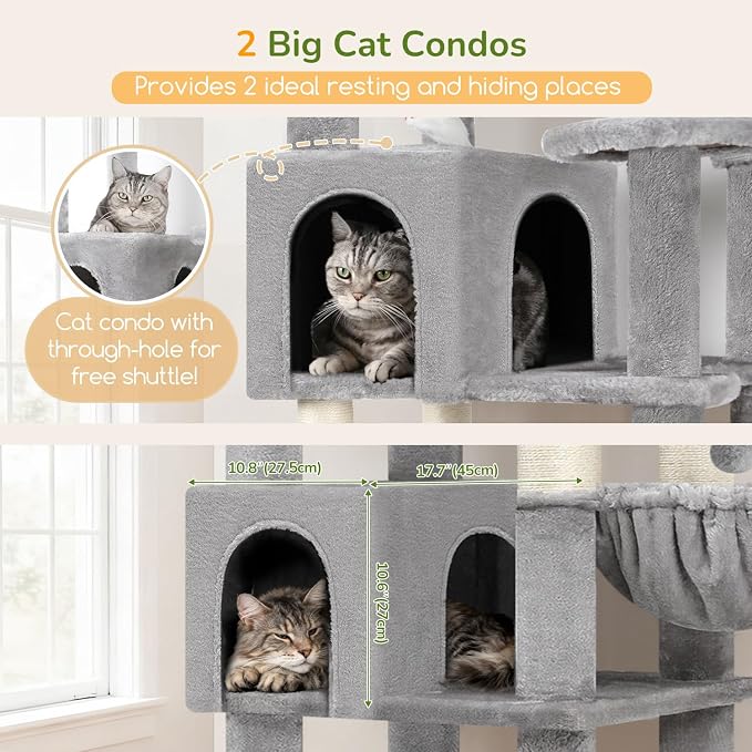 Globlazer Extra Large Cat Tree Tower, 82in Tall Heavy Duty Cat Tree for Indoor Cats Large Adult Big Cat Tower with 8 Scratching Posts, 2 Cat Condos, 2 Top Perches, 3 Hanging Baskets, S82, Light Grey - Image 3