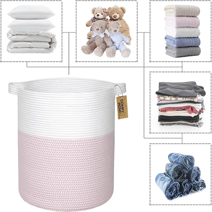 COMFY-HOMI XXL Large Laundry Basket with Handles Blanket Baskets Living Room|Woven Cotton Rope Decorative Basket Laundry Hamper Baby Basket Nursery Dog Toy Storage Organizer Bin-16”x18”-White/Pink - Image 10