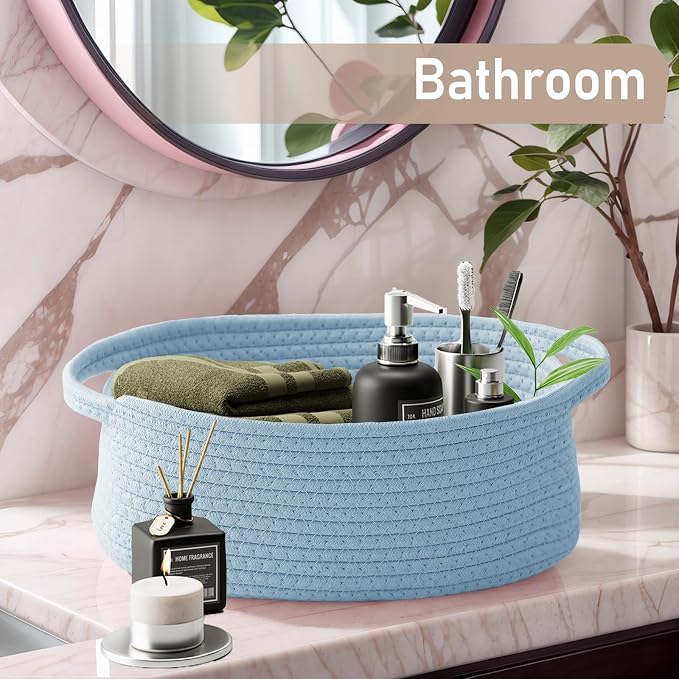 JMvicyroam Small Woven Basket, Empty Gift Basket, Blue/3 Pack | Small Gift Basket, Cotton Rope, 12 x 8 x 32 in, Handles, Includes Ribbon and Bag, Birthday Gift Basket - Image 8