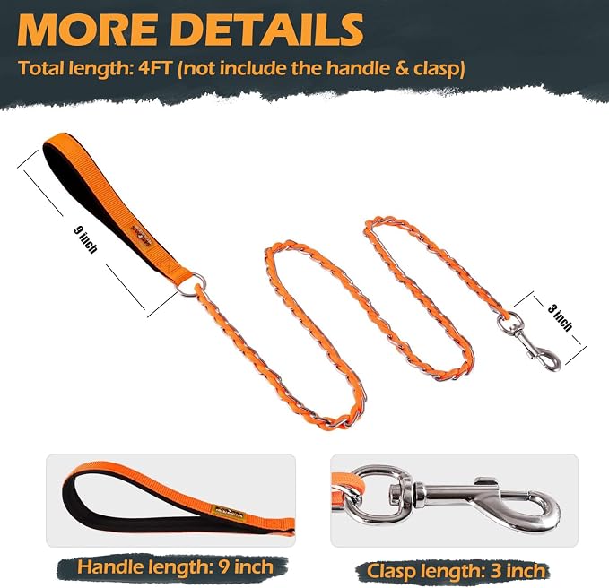 S-ETOVUS-Chain Dog Leash, Bite-Proof Metal Leash, with Padded Handle Orange | Three Sizes 7.25FT/5.2FT/4FT, Woven From Nylon Rope And Chain, Durable And Bite-Resistant, Comfortable With Padded Handles - Image 7