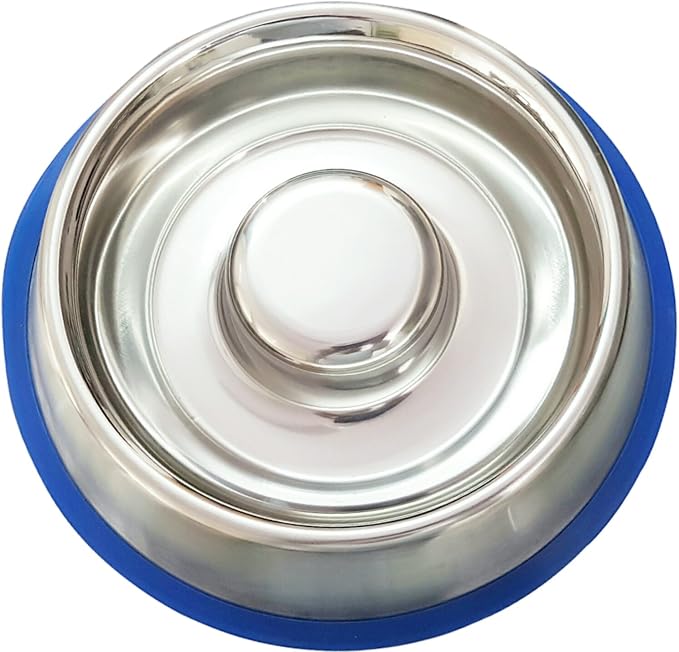 Mr. Peanut's Stainless Steel Interactive Slow Feed Dog Bowl with a Blue Base, Fun Healthy Bloat Stop Feeder (Large) - Image 4