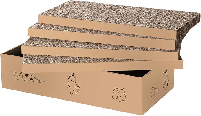 4 Packs in 1 Cat Scratch Pad with Box, Cat Scratcher Cardboard,Reversible,Durable Recyclable Cardboard, Suitable for Cats to Rest, Grind Claws and Play with Scratch Box by Mankaide