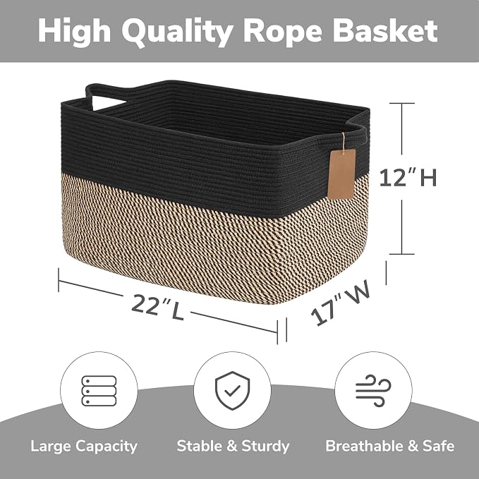 Goodpick 75L Extra Large Woven Blanket Basket, Rectangle, Black & Jute | 22" × 17" × 12" Decorative Wicker Storage Basket for Pillows, Toys & Clothes, Fits Living Room & Nursery Organization - Image 3