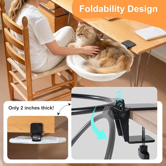 Uross Cat Desk Bed, Space Saving Desktop Folding Cat Hammock Work from Home Office Accessories for Indoor, 2 Interchangeable Covers (Cozy Plush & Breathable Mesh) for All Seasons-Beige - Image 2
