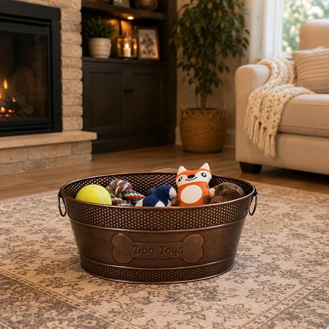 BREKX Copper Metal Pet Storage & Dog Toy Bin w/ Handles, Indestructible | Dog Toy Box • Galvanized Steel • Organizes Toys, Blankets & Leashes • Farmhouse Style - Image 3