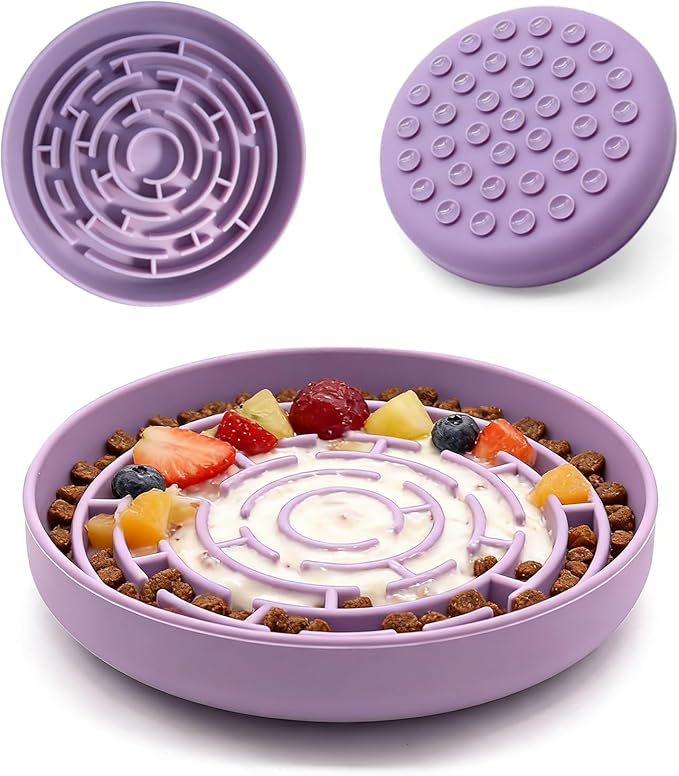 Silicone Slow Feeder Bowl with 37 Non-Slip Suction Cups — Anti-Choking Maze Design, Slows Eating 10x, Anxiety Relief, BPA-Free, for Small & Medium Dogs and Cats (Purple) by Unknown