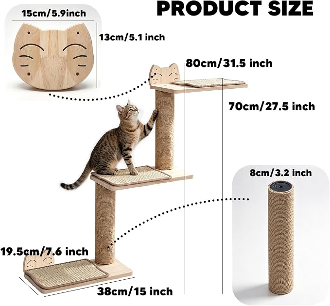 3-in-1 Cat Wall Shelves, Reversible Cat Wall Steps & Sisal Mat | Jute Scratching Post, Solid Pine Wood Cat Wall Furniture, Corner Cat Stairs for Climb Nap Scratch, Fits 16" Stud Drywall - Image 3