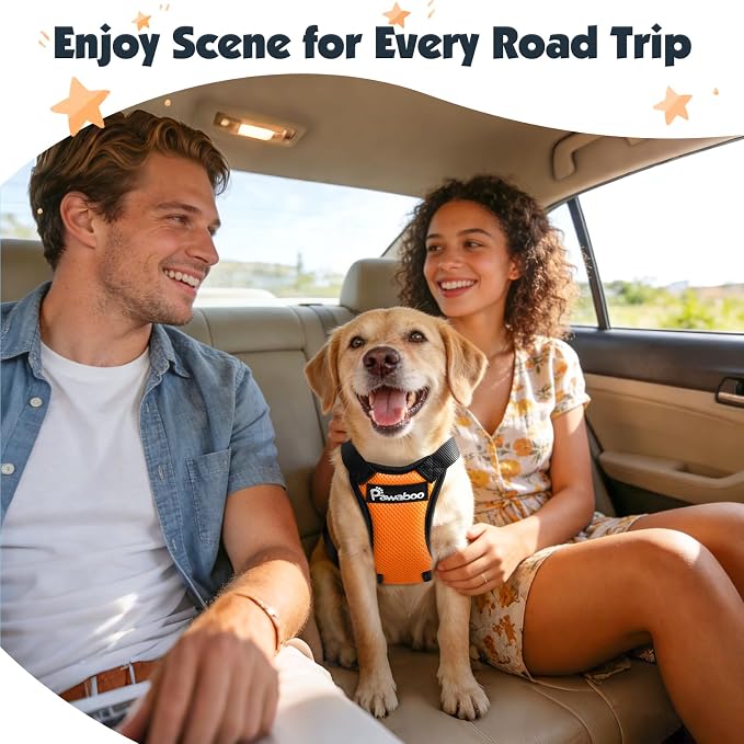 Pawaboo Dog Seat Belt Harness for Car, Seatbelt Harness with 2 in 1 Buckle | Adjustable Breathable Harness for Car, Elastic Reflective Heavy Duty Dog Tether, for Small Medium Large Pets, XXL, Orange - Image 2