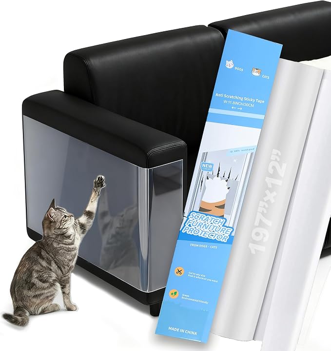 Anti Cat Scratch Furniture Protector Tape Damage-Free Couch Guard, 197"x12" | clear,strong adhesive,flexible,easy to apply,easy to remove,pins-free,residue-free,long-term use,massive coverage,non-toxic by Unknown