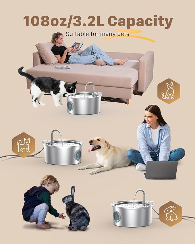 Cat Fountains for Drinking Stainless Steel: 108oz/3.2L Cat Water Fountain with 6 Filters + 3 Sponges - Running Pet Water Fountain Filtered - GIOTOHUN Faucet Like Pet Water Fountains for Cats Indoor - Image 2