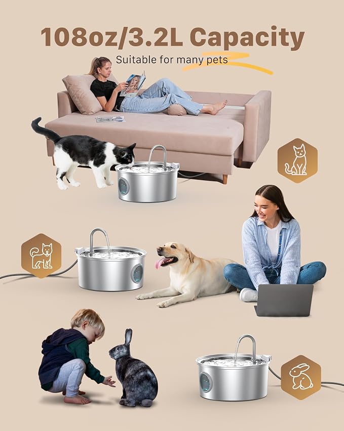 Stainless Steel Cat Fountain - 108oz/3.2L Pet Fountain for Cats Indoor - Quiet - Contains 8 Filters + 8 Sponges - Image 4