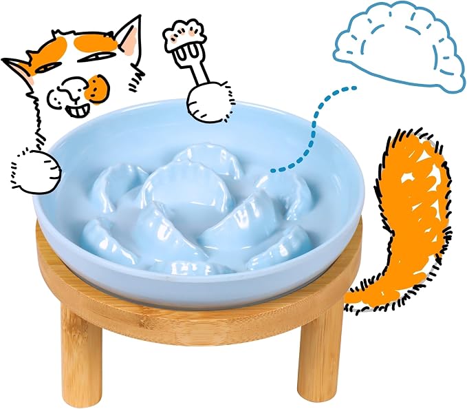 Slow Feeder Bowl, 6.3″ Elevated Cat Bowl with Stand, Melamine Wide Shallow Food Bowl, Whisker-Friendly Raised Plate, Wet Food Feeder for Slow Eating (Blue) by FullCharm