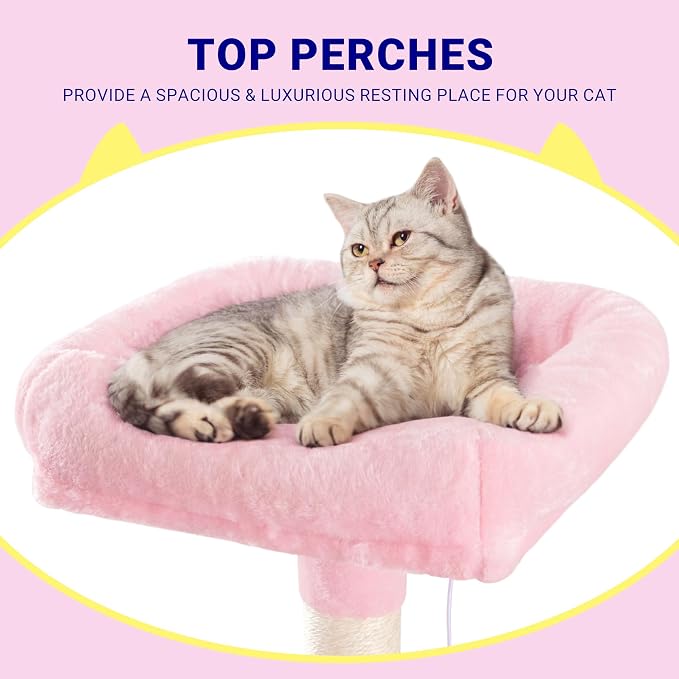 Allewie 73in Fan-Shaped Space-Saving Corner Cat Tower/Multi-Level Tall Cat Tree for Indoor Kitties/Cozy Baskets/Condos/House/Perches/Sisal Scratching Posts/Pet Activity Center/Pink - Image 4