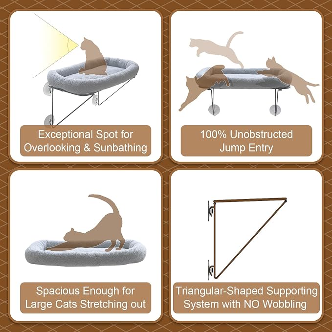 Zakkart Cat Window Perch - 100% Metal Supported from Below - Comes with Warm Spacious Pet Bed - Cat Window Hammock for Large Cats & Kittens - for Sunbathing, Napping & Overlooking (Grey) - Image 4