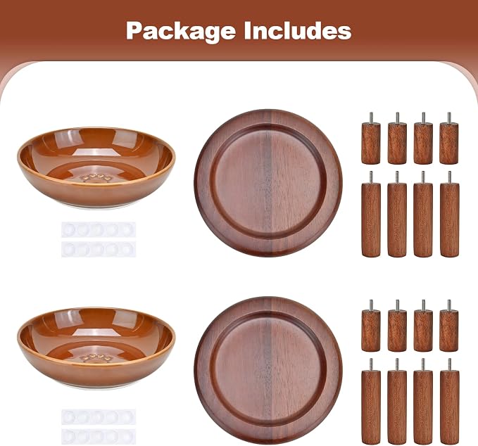 SPUNKYJUNKY Extra Wide Elevated Ceramic Cat Bowl with Acacia Wood Stand Whisker Friendly (Cat Paw Pattern, 2 Pack, Brown) - Image 7