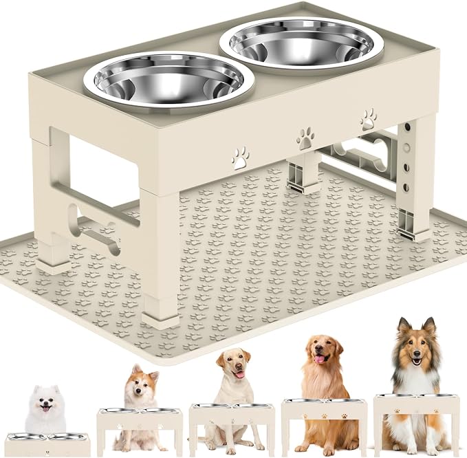 LAKIPETN Elevated Dog Bowls with Mat, Raised Dog Food Bowl Stand with 2 Stainless Steel Bowls, 5 Height Adjustable (3.1", 9", 10", 11", 12") Non-Slip Feeder Set for Medium and Large Dogs – Apricot by LAKIPETNPetSupplies