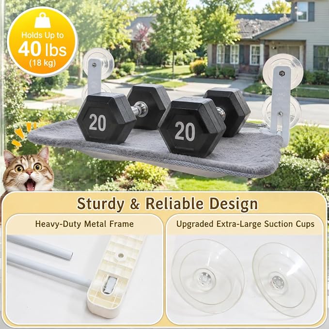 Cat Window Perch Hammock with 2 Washable Plush Covers, Cozy Window Bed for Cats with Catnip Toys, Window Mounted Cat Bed for Indoor Cats to Sunbathe and Relax - Image 6