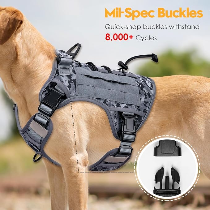 Heavy-Duty Tactical Dog Harness for Large Dogs, No Pull Adjustable Reflective Pet Vest with Molle System, K9 Military-Grade Control for Service Training, Outdoor & 10+ Breeds, Gray Camo, XX-Large - Image 3