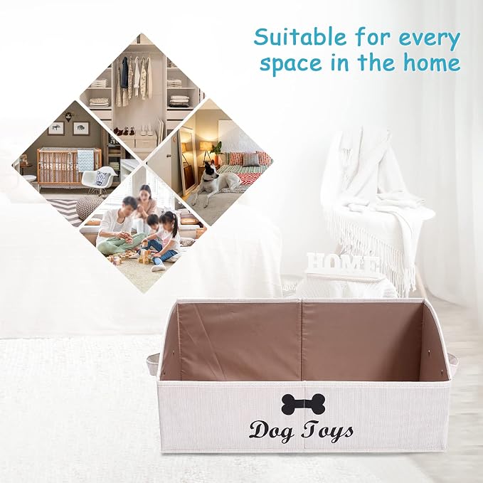 Linen-Cotton Blend Dog Toy Basket,Collapsible Dog Toy Box,Dog Toy Bin Storage-Perfect for Organizing Pet Toys,Blankets,Leashes,Rope Toys,Clothing - Beige - Image 6