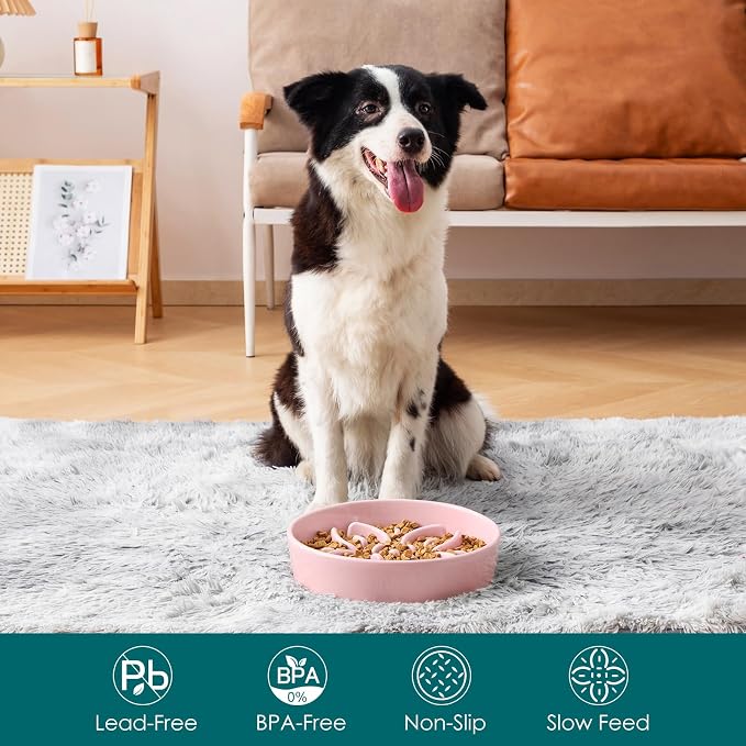 vancasso Ceramic Slow Feeder Dog Bowls, Puzzle Dog Food Bowls with Floral Maze, Anti -Slip Pet Food Dish for Large Breed, 3 Cups, Pink - Image 3