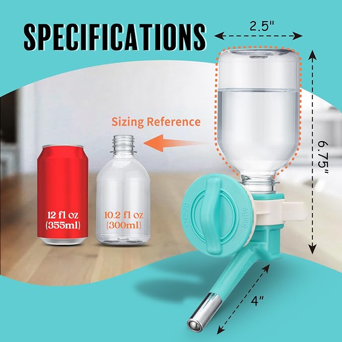 Choco Nose Patented No-Drip Water Bottle/Feeder for Puppies/Toy-Small Breed Dogs/Rabbits/Cats/Chinchillas and Other Small Pets and Animals - for Cages or Crates 10.2 oz. Nozzle 13mm, Aqua (C528) - Image 4