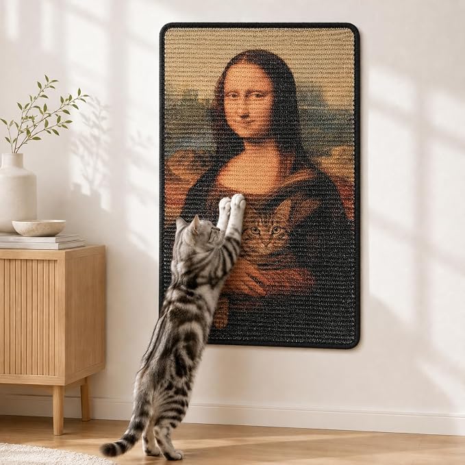 Art Sisal Cat Scratcher Mat, Cat Wall Scratchers for Indoor Cats | Wall Mounted Cat Scratcher, Natural Sisal, No-Drill Hook & Loop Setup, Floor or Wall Use, 23.6 x 15.7 Inch, Mona Lisa by LESISSMER