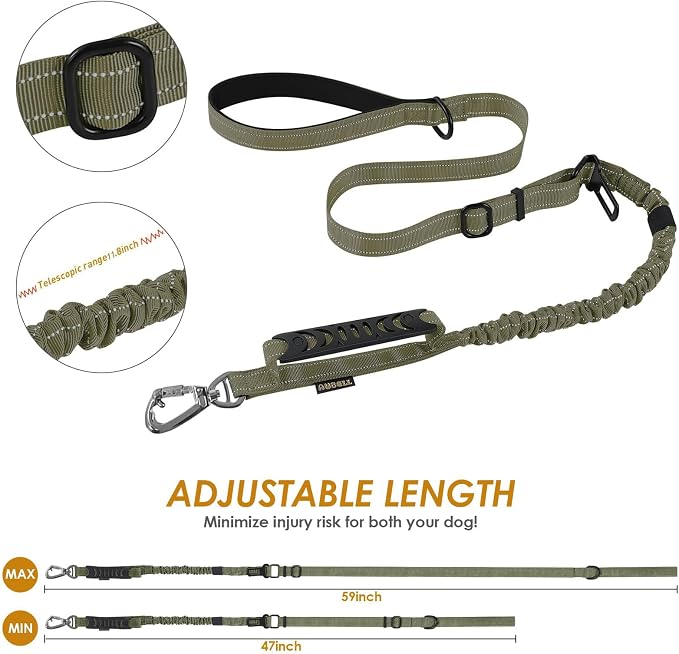 AUBELL Tactical Dog Leash Heavy Duty,4-6ft No Pull Bungee Leash,Green | Reflective Dog Leash for Medium Large Dogs with Comfortable Padded Double Handle,Car Seat Belt,360 Degree Rotating Carabiner - Image 6