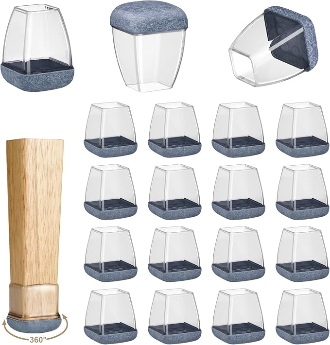 16 Pack Chair Leg Floor Protectors for Hardwood Floors, Round Rubber Furniture Sliders, 360°Felt Pad Bottom Wrapped Thickening Silicone Furniture Legs Caps Covers(Square,Clear-Gray-S Plus) by Yarehand
