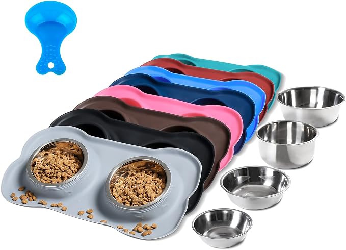 Hubulk Pet Dog Bowls 2 Stainless Steel with No Spill Non-Skid Silicone Mat + Pet Food Scoop Water and Food Feeder Bowls for Feeding Small Medium Large Dogs Cats Puppies ( Gray) by Hubulk
