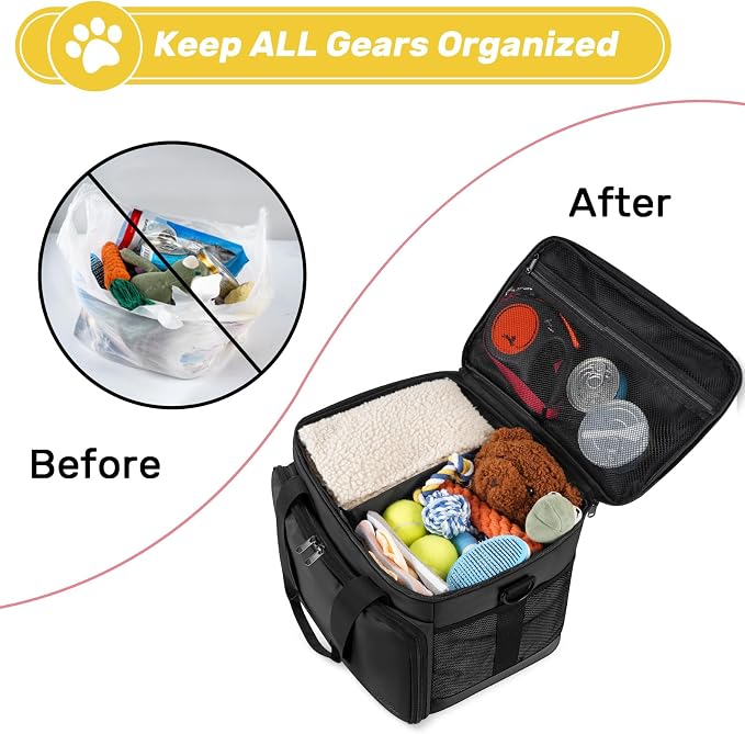 6 Set Dog Travel Bag, Large Pet Travel Kit for Supplies, Black | Includes 2 Food Containers, 1 Pet Organizer for Dogs, 2 Collapsible Bowls, 1 Treat Pouch, Dog Weekend Overnight Bag Luggage - Image 5