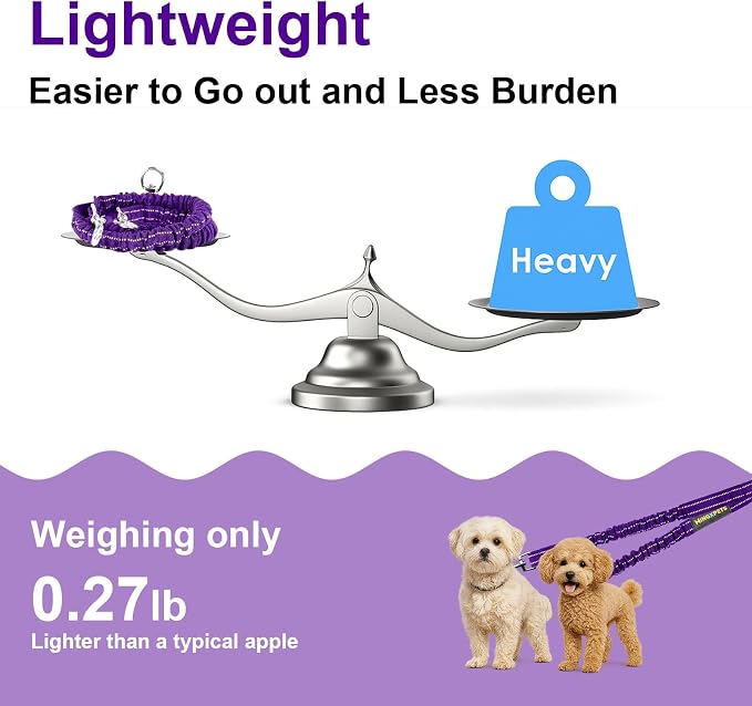 MingXpet 2 Dog Leash, Dog Leash for 2 Dogs, 360° Swivel No Tangle Double Walking Training Leashes for Large Dogs that Pull, Comfortable Shock Absorbing Reflective Bungee, Purple - Image 6