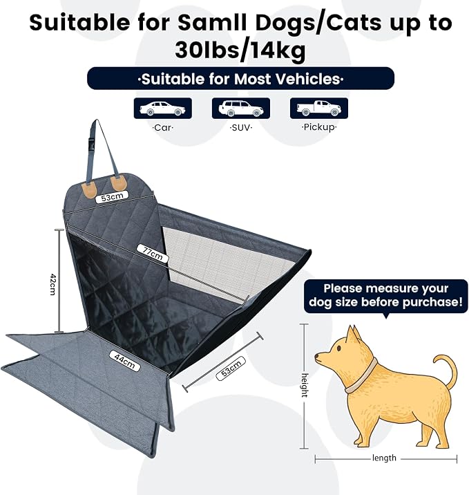 Front Seat Dog Car Seat for Small/Medium Dogs with Door Protection – Full Coverage Waterproof Pet Booster Seat with Mesh Window, Zippered Side Flaps, Safety Buckle, Grey Linen Fabric - Image 4