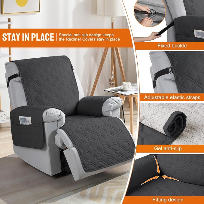VANSOFY 100% Waterproof Recliner Chair Covers Washable, Charcoal Gray, 25" | Non-Slip, Slipcover with Pocket, Furniture Protector, Elastic Straps, Chair Cover for Pets, Dogs - Image 3