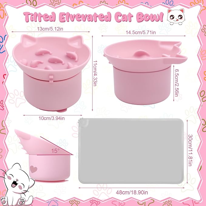 2 Pack Slow Feeder Cat Bowls Silicone Tilted Raised Pet Bowl | Non Slip Base for Digestion Anti Vomit, Pink, Blue - Image 7